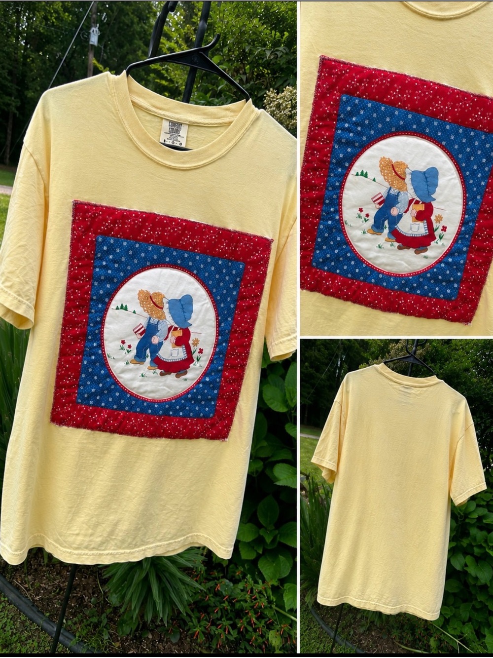 Comfort Color Yellow T-Shirt with Vintage Sunbonnet Sue Patch Cottage Core